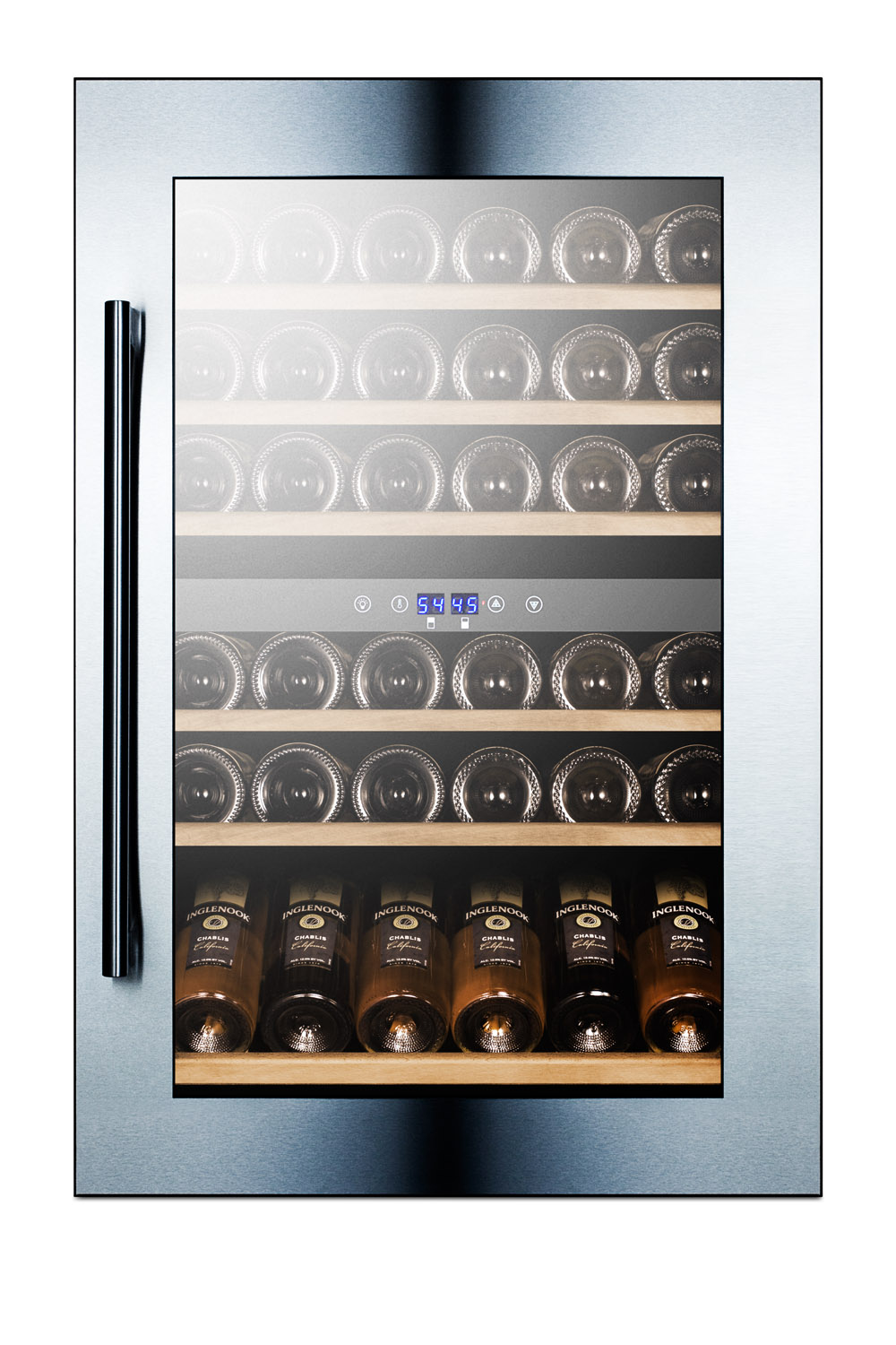 51 bottle fully integrated dual zone commercial wine cellar designed for the display and refrigeration of beverages, with digital controls and LED lighting
